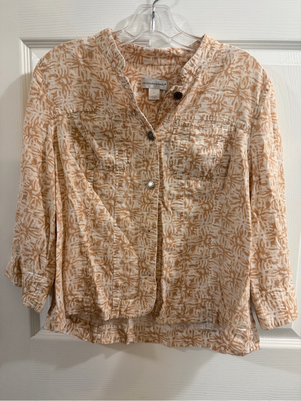 Christopher & Banks Tan and White Patterned Button-Down Shirt, Size L